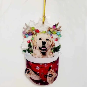 Ακρυλικό κρεμαστό διακοσμητικό Golden Retriever σε χριστουγεννιάτικη κάλτσα με κέρατα