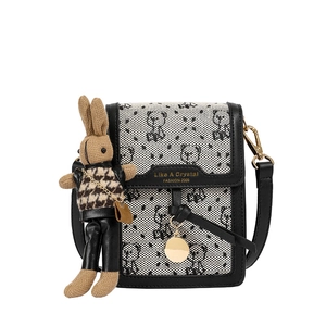 Chic houndstooth crossbody phone bag with bear patterns and a rabbit charm on white base
