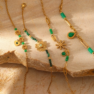 Gold stainless steel bracelet with green natural stone heart and water drop pendants