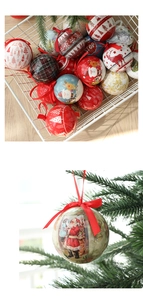 Close-up of vintage Christmas ball ornaments with snowman patterns and festive red ribbons