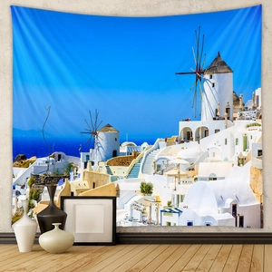 Santorini landscape wall tapestry with blue dome buildings and Mediterranean windmills