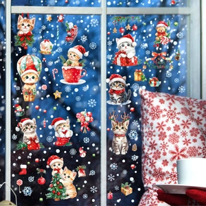 3D Christmas window stickers featuring cats, snowmen, and reindeer with a Merry Christmas sign