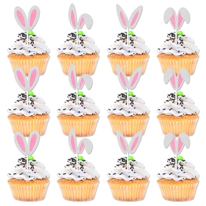 Bunny Ear Cake Toppers Glitter Paper Easter Party Decorations Rabbit Carnival Birthday Dessert Picks Silver Pink