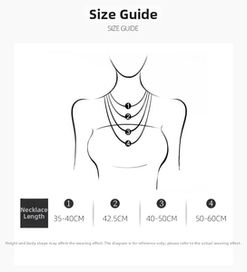 Guía de tallas con longitudes de collar de 35cm a 60cm sobre una silueta de mujer