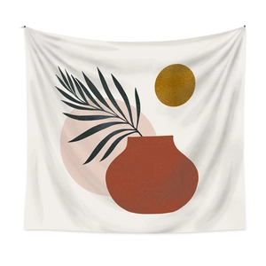 Detail of minimalist Bohemian tapestry featuring red pottery jars and palm leaves motifs