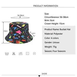 Graffiti print bucket hat with size chart showing 56-58cm head circumference measurements