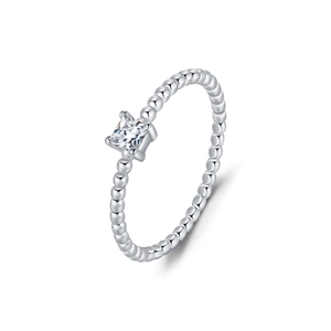 Minimalist S925 silver beaded ring with square cut moissanite in a four-prong setting