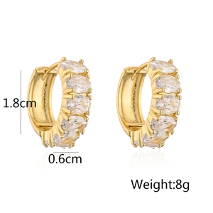 Detailed view of gold plated zircon earrings showing 1.8cm height and 0.6cm width