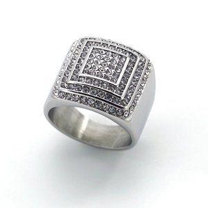 Luxury silver-tone 316L stainless steel square ring with micro-paved iced out zircons