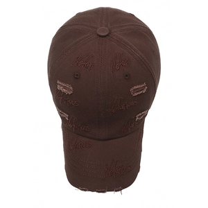 Dunkelbraune Baumwoll-Baseballkappe im Distressed-Look mit Nefarious-Stickerei und Vintage-Details
