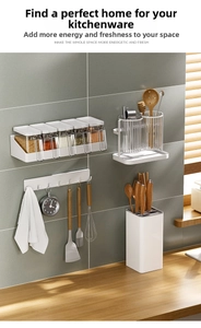 Wall-mounted kitchen rack with transparent spice jars, cutlery holders, and tool hooks