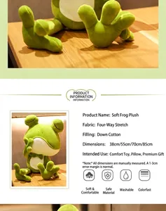 Detail of cute green frog plush pillow showing soft material and size options.