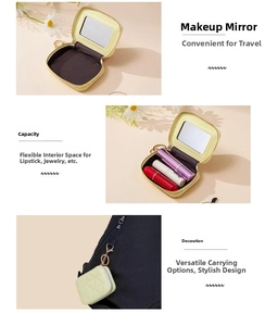 Detail of quilted PU leather makeup bag with built-in mirror and compact lipstick storage