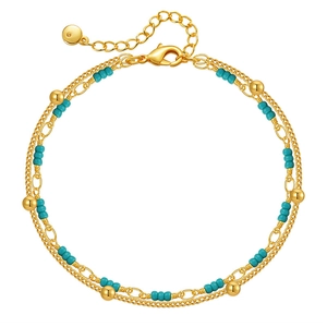 Handmade 18K gold plated double-layer beaded chain bracelet with turquoise beads