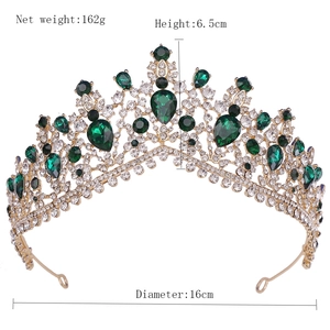 Detailed dimensions of bridal tiara with green emerald stones and clear rhinestones