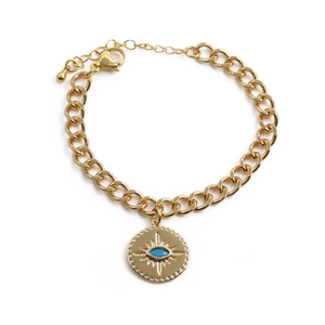 Gold plated evil eye bracelet with blue zircon inlay and adjustable chain on white background