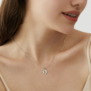 Classic six-prong moissanite pendant necklace on an s925 silver chain worn by a model