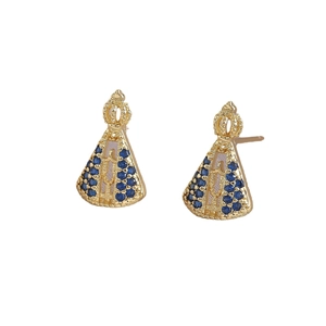 Exquisite gold religious stud earrings with blue zircon inlays and vintage crown design