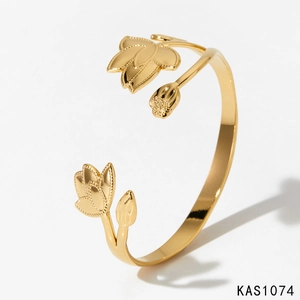 Polished gold stainless steel open flower bracelet with lotus petal and bud design