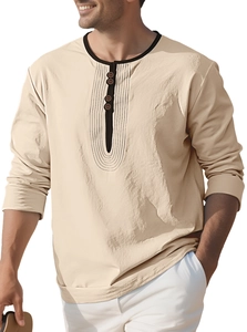 Detail of light beige henley neck t-shirt showing linen texture and button closure