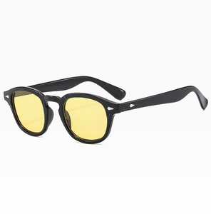 Retro black square frame sunglasses with yellow lenses and silver arrow hinge detail