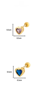 Macro detail of 0.5cm heart-shaped zircon earrings with gold screw-back design