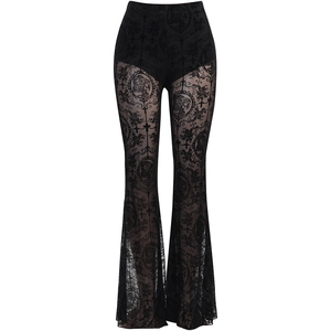 Gothic style high waist black lace flare pants with cross and floral pattern prints