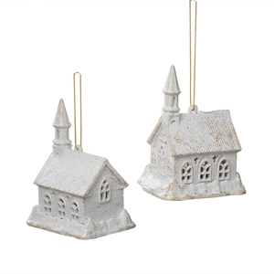 White and gold glitter church architecture hanging ornaments for Christmas tree decor