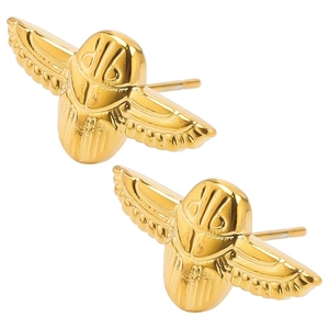 Detailed view of gold Egyptian scarab earrings with polished finish and spread wings