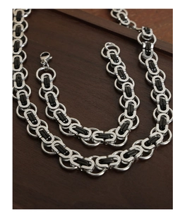 Close-up of geometric punk style titanium steel chain with silver and black woven links