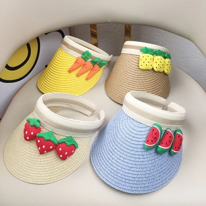 Detailed collection of four colorful kids straw sun visors with cute fruit ornaments