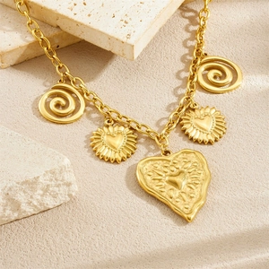 Vintage gold-plated stainless steel necklace with heart and spiral textured pendants