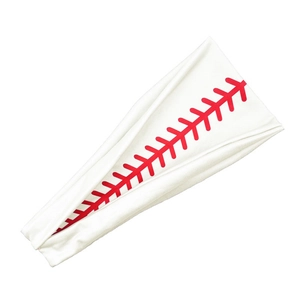 Detailed shot of white elastic sports headband with red baseball stitching pattern
