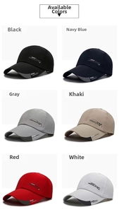 Six colors of printed sports caps including black, navy, grey, khaki, red and white