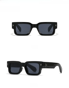 Front and side view of black square oversized sunglasses with silver arrow accents