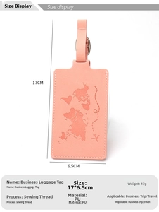 Pink PU leather luggage tag with world map embossing, size 17x6.5cm for travel