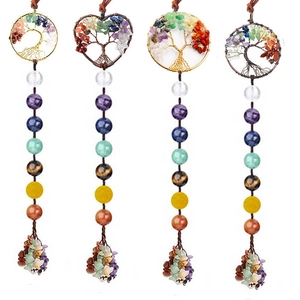 Detailed set of 4 tree of life hanging ornaments with chakra crystals and gravel tassels