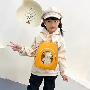 Cute yellow kids backpack with transparent window and plush bear for summer fashion