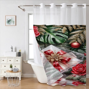 Detail of Christmas shower curtain featuring festive red roses and gift box prints