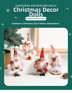 Detailed view of four gnome Christmas dolls with sequins, bells and golden hanging strings