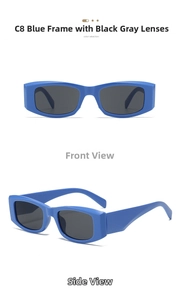 Detail view of vintage square blue frame sunglasses with dark grey lenses and wide temples