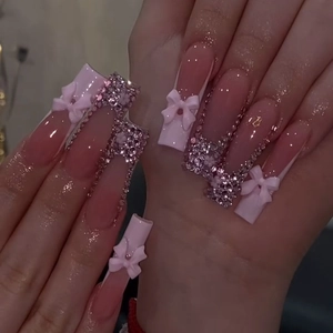 French Pink Purple Long Coffin Press On Nails With 3D Bow And Rhinestone Glitter Sweet Ballerina False Nails For Women