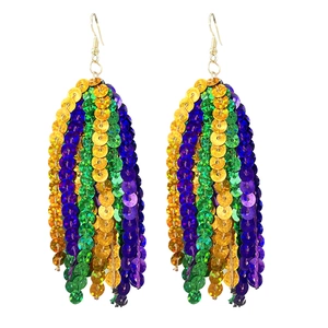 Detail of colorful sequins and beads on festive tassel earrings with gold-tone hooks