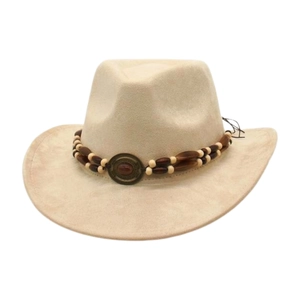 Chapeau de cowboy classique en daim kaki avec perles ethniques et emblème en bronze