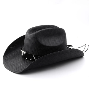 Chapeau de cowboy noir vintage avec bandeau en cuir et pendentif crâne de taureau