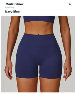 Détail du short de yoga bleu marine sans couture à taille haute et texture côtelée