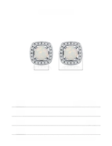 Detail view of 925 sterling silver opal stud earrings with halo diamond setting and size specs