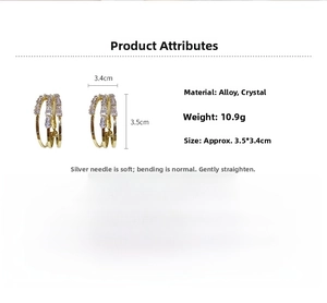 Spécifications des boucles d'oreilles dorées triple couche avec cristaux et argent