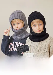 Detail of children knit hat and neck warmer set with thick fleece lining for winter warmth