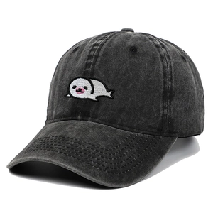 Washed dark gray denim baseball cap with cartoon seal embroidery and retro soft top